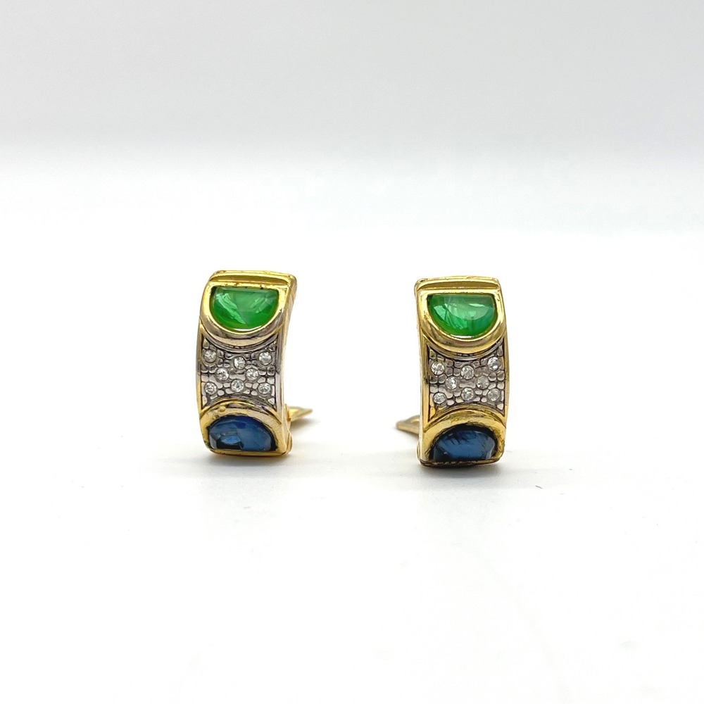 Vintage GiO Gold Tone Gripoix Multi Color Glass Clip‎ Earrings Designer Style